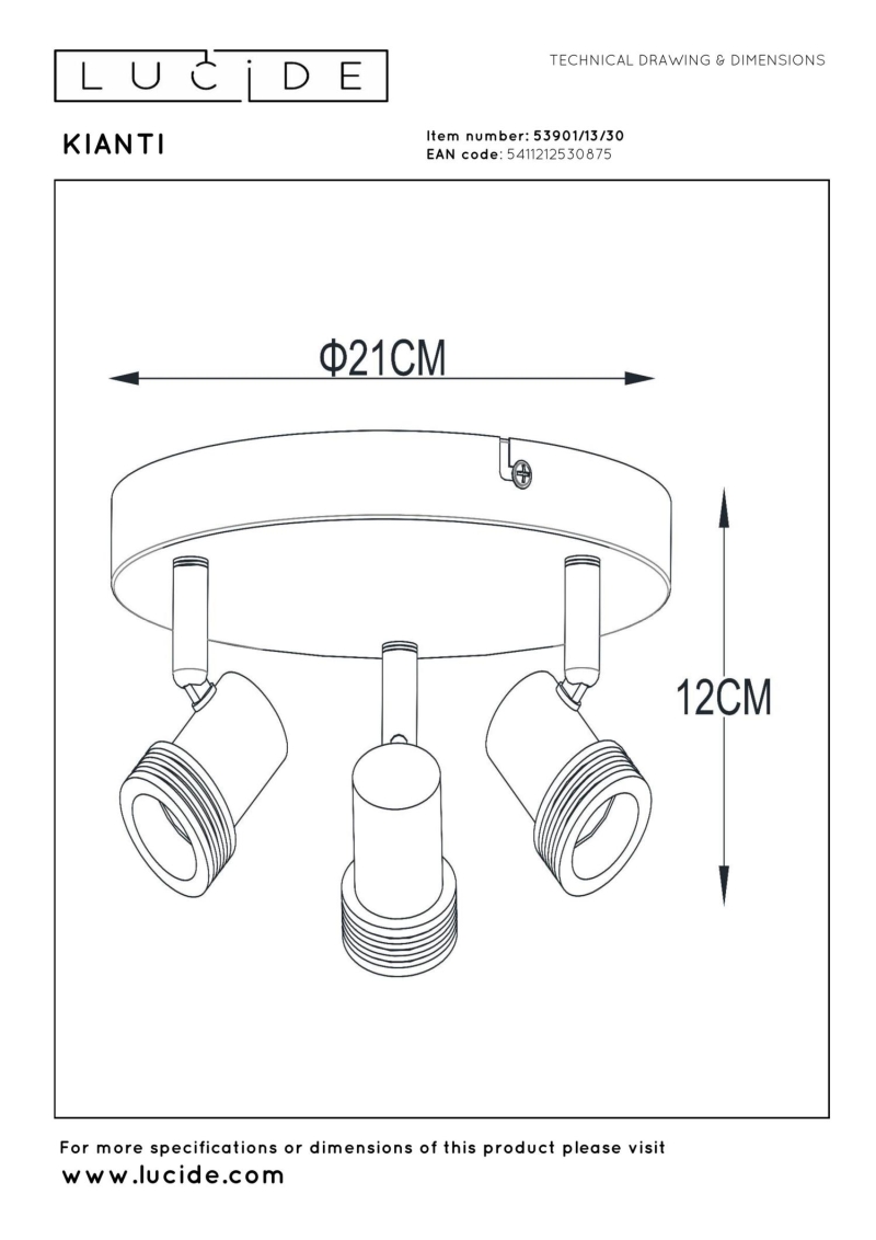 Lucide KIANTI - Ceiling spotlight - Ø 21 cm - 3xGU10 - Black